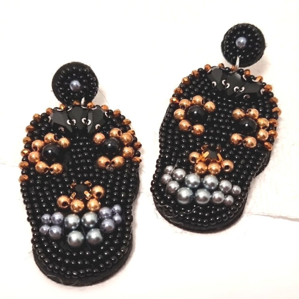 New BEADED BLACK SKULL bikercorp halloween fun cute earrings